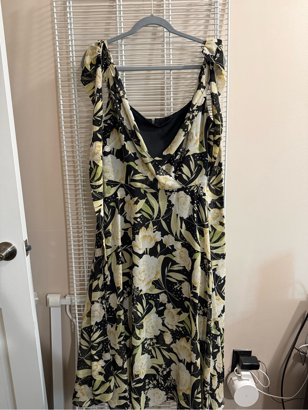 White House Black Market Black Maxi Dress with Cream and Green Floral Print